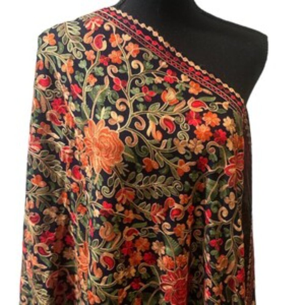 Kashmiri Aari Embroidered Pashmina Shawl Navy Floral Wrap Scarf 30x80